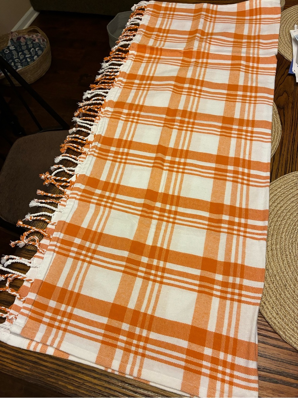 Hobby Lobby Orange and White Plaid Fringe Table Cloth
